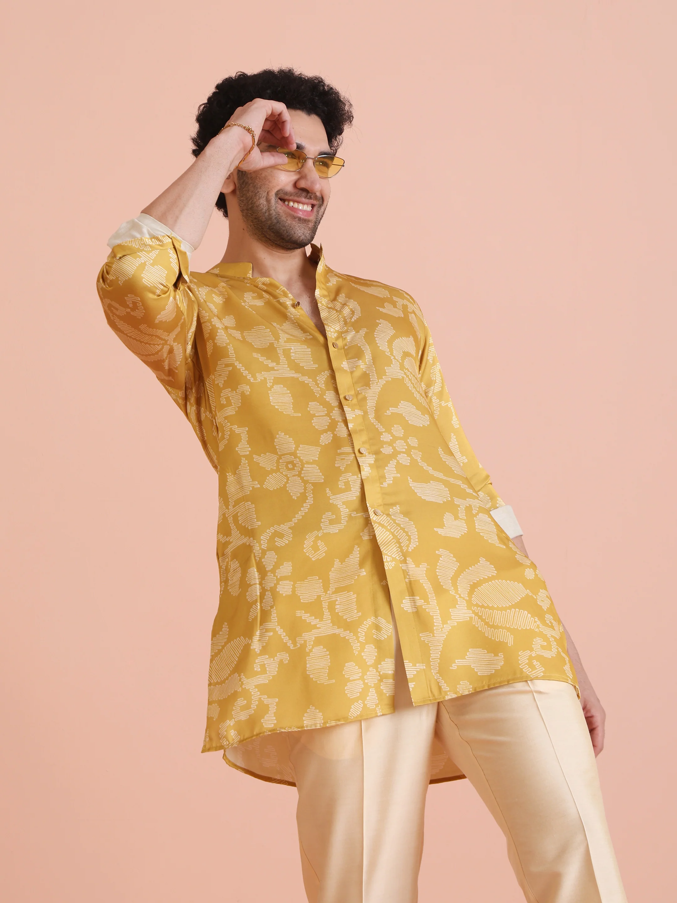 Yellow Printed Front Open Kurta Set - Image 8