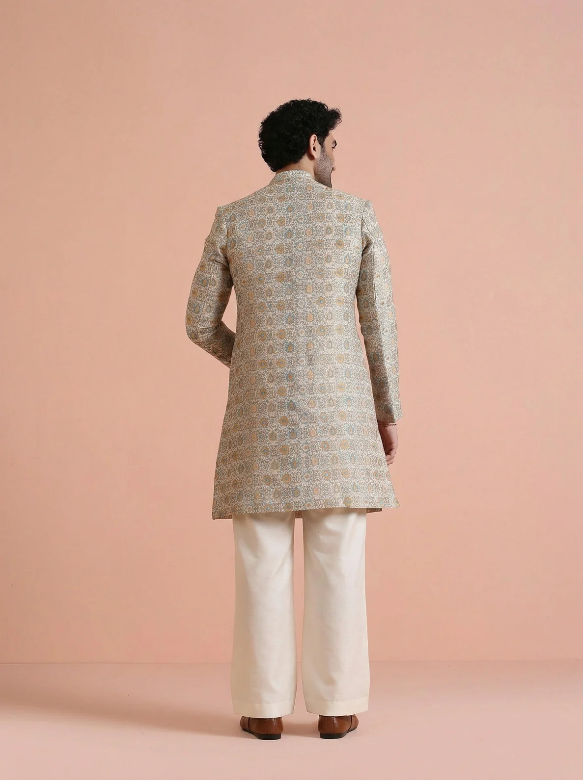 Yellow Silk Blend Jacquard Sherwani Wide Leg Trouser Set - Image 3