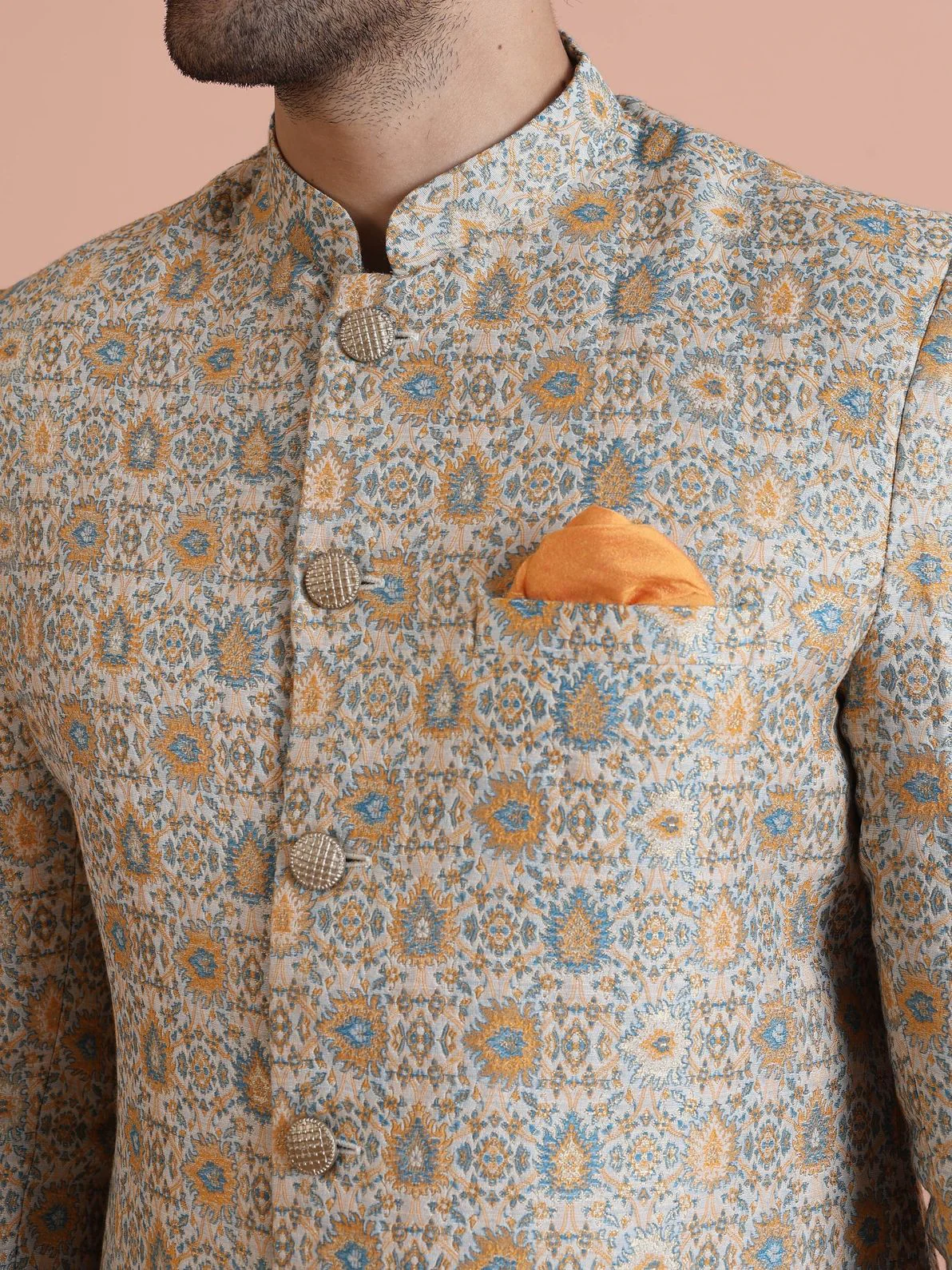 Yellow Silk Blend Jacquard Sherwani Wide Leg Trouser Set - Image 4