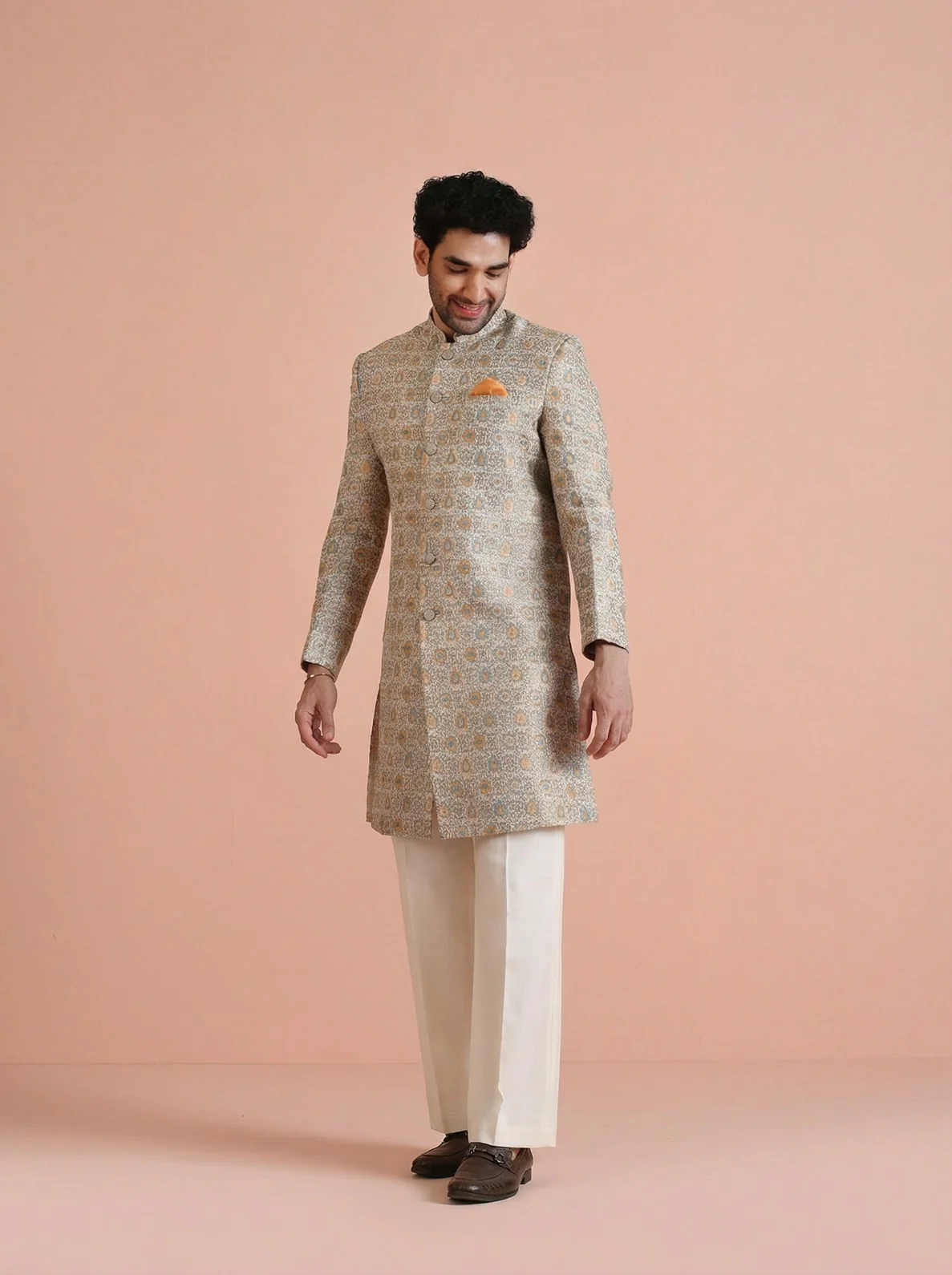 Yellow Silk Blend Jacquard Sherwani Wide Leg Trouser Set - Image 7
