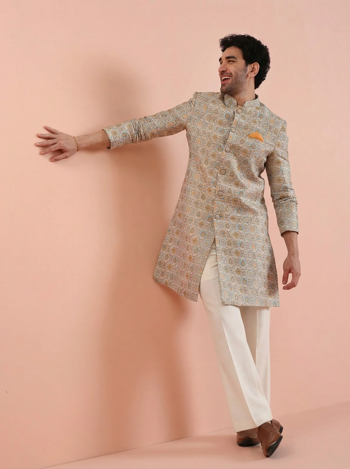 Yellow Silk Blend Jacquard Sherwani Wide Leg Trouser Set - Image 8