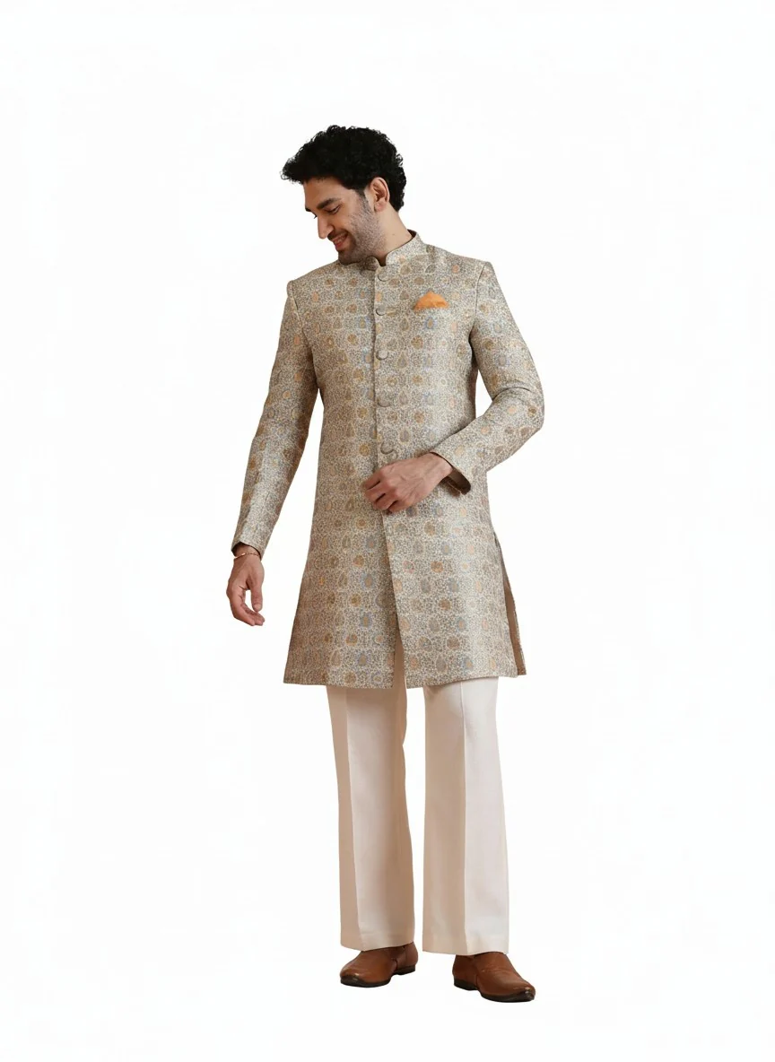 Yellow Silk Blend Jacquard Sherwani Wide Leg Trouser Set - Image 9