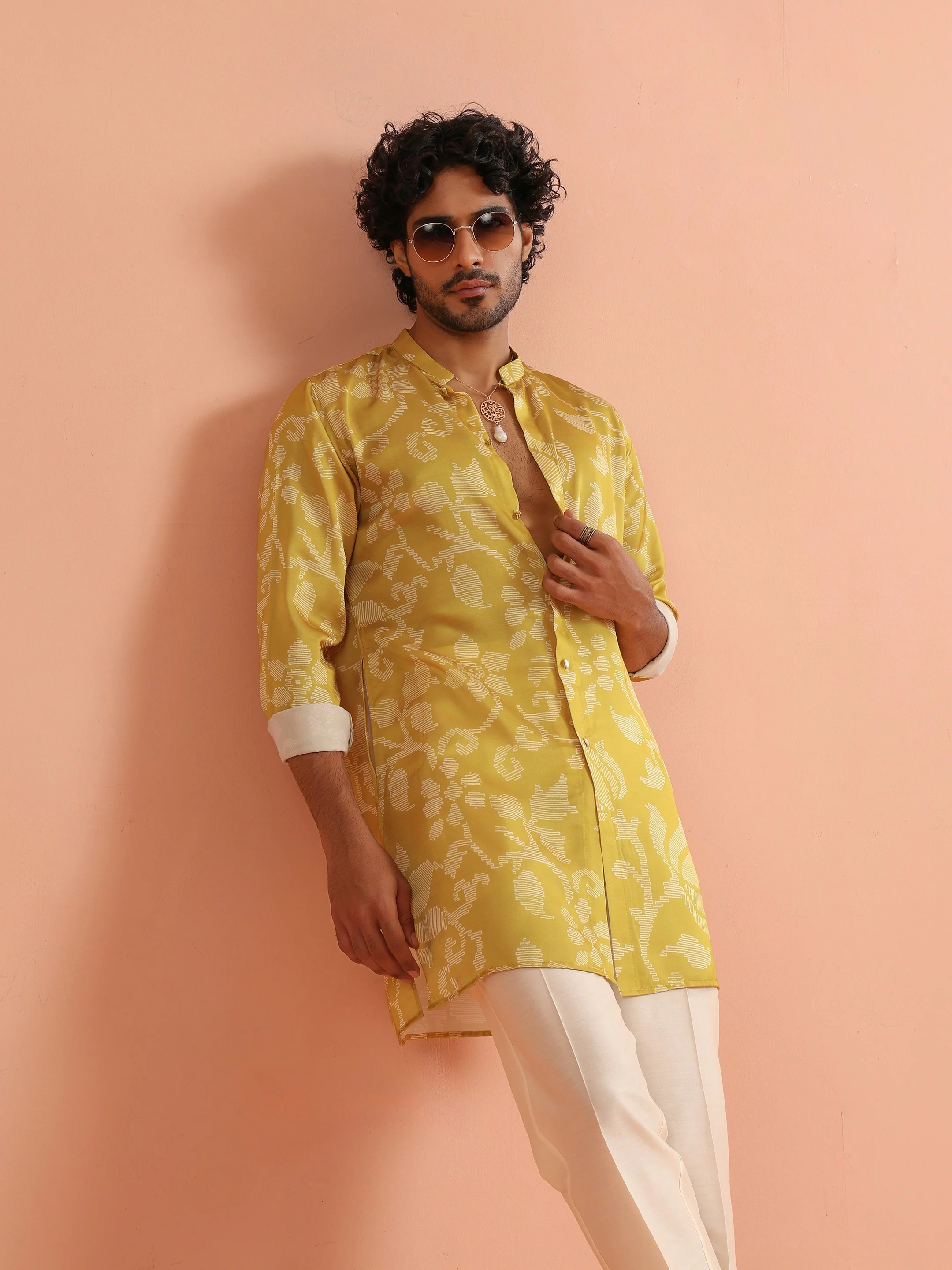 Yellow Art Silk Front Open Mid Kurta