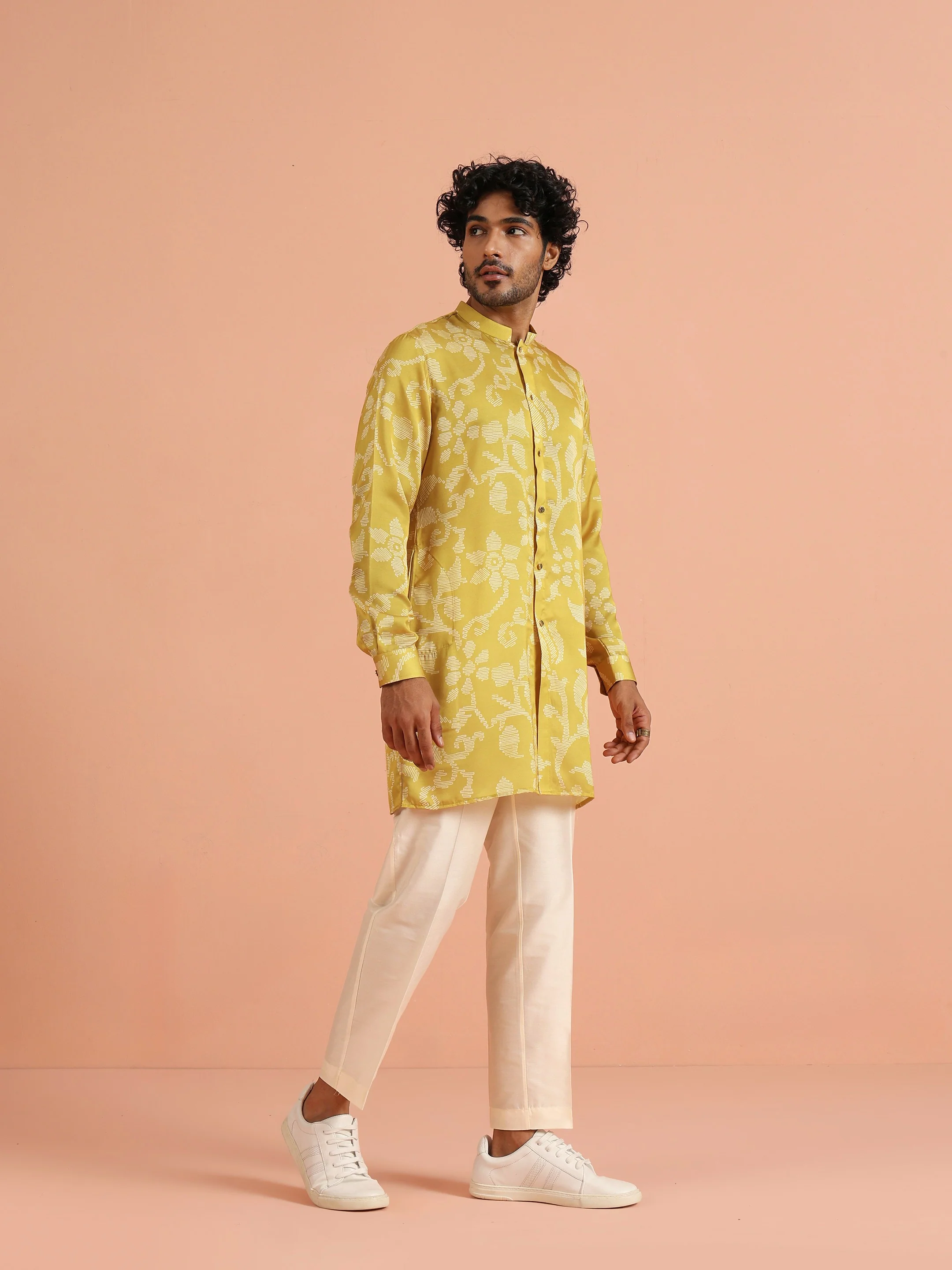 Yellow Art Silk Front Open Mid Kurta - Image 3