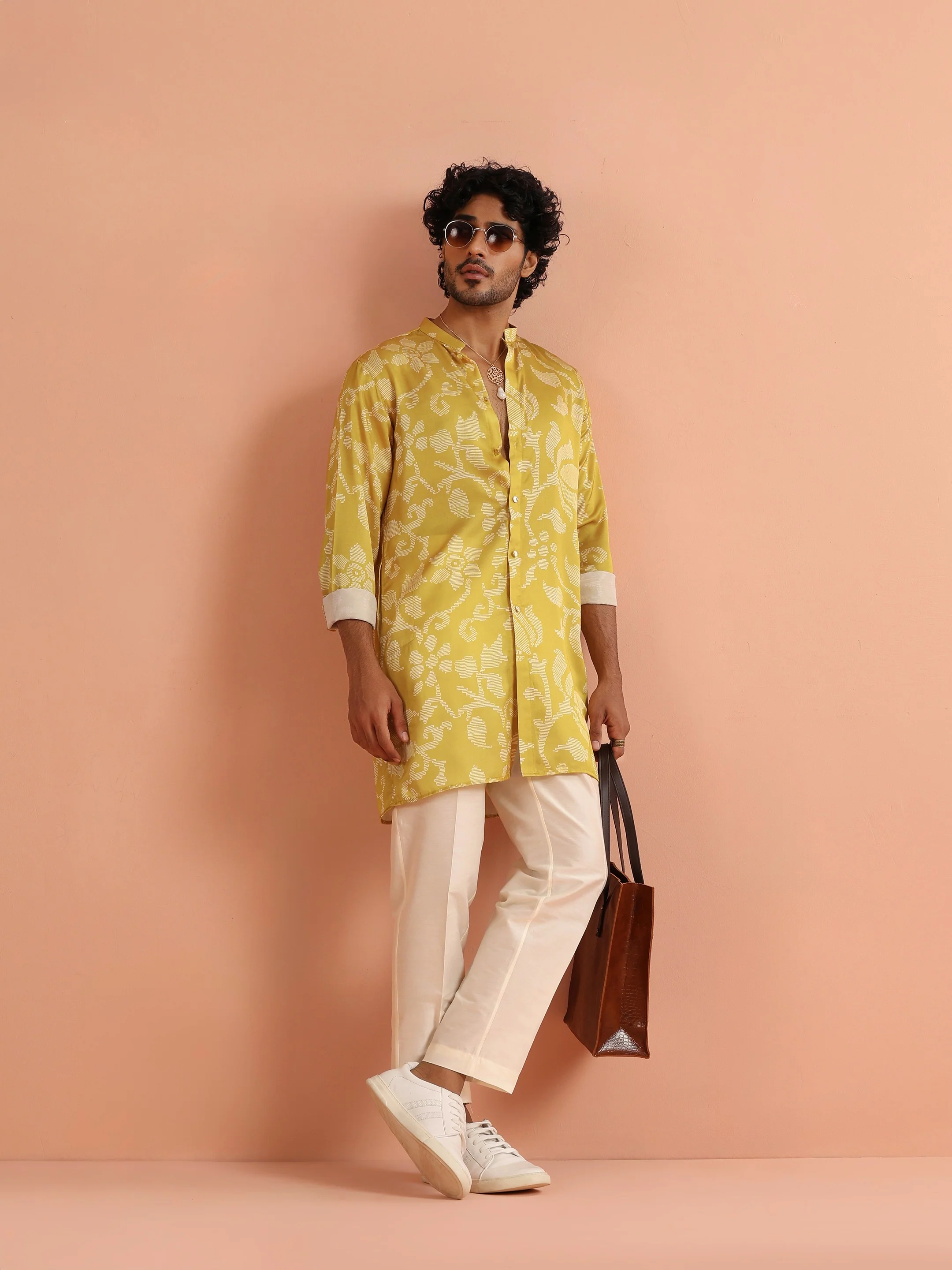 Yellow Silk Jacquard Floral Mid Kurta Trouser Set - Image 10