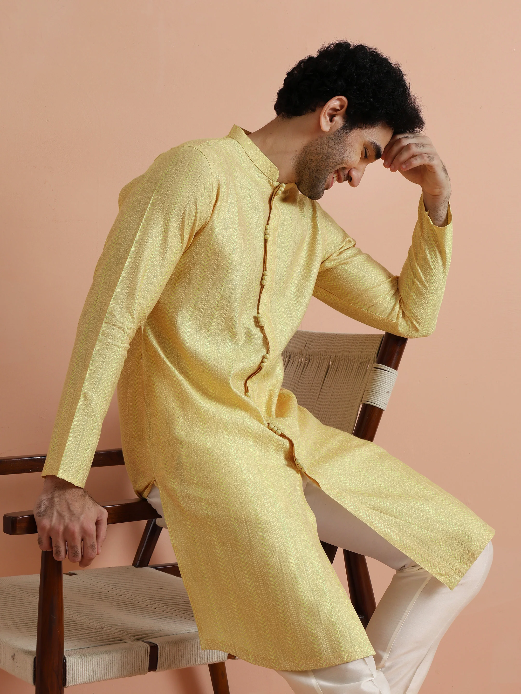 Yellow Textured Kurta Trouser Set - Image 7